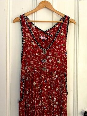 Vintage Karen Kane Red Floral Midi Dress, Black Trim, Pockets, Like New, Small